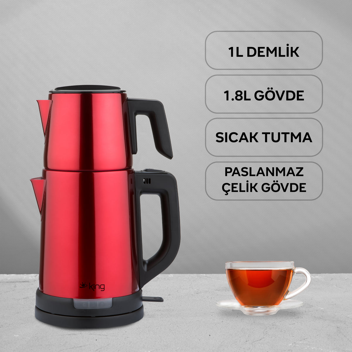 KCM331 TeaPro Inox Çay Makinesi - Kırmızı - King Küçük Ev Aletleri