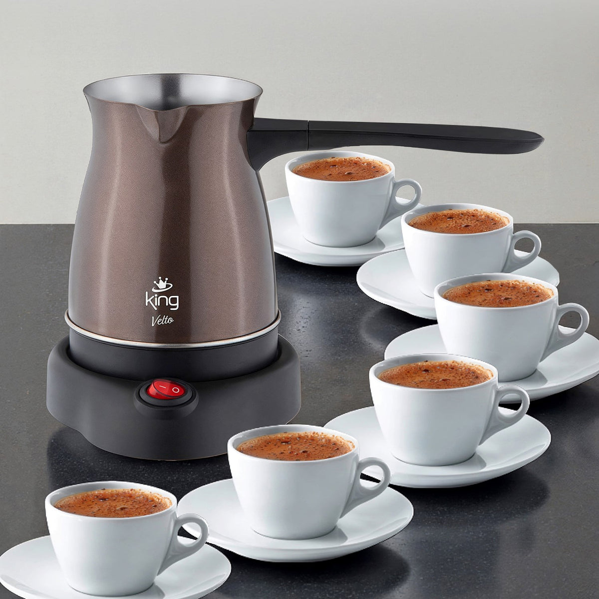 King Velto K3501 Türk kahve makinesi 6 fincan kapasiteli çelik gövde kullanım ve pişirme görünümü