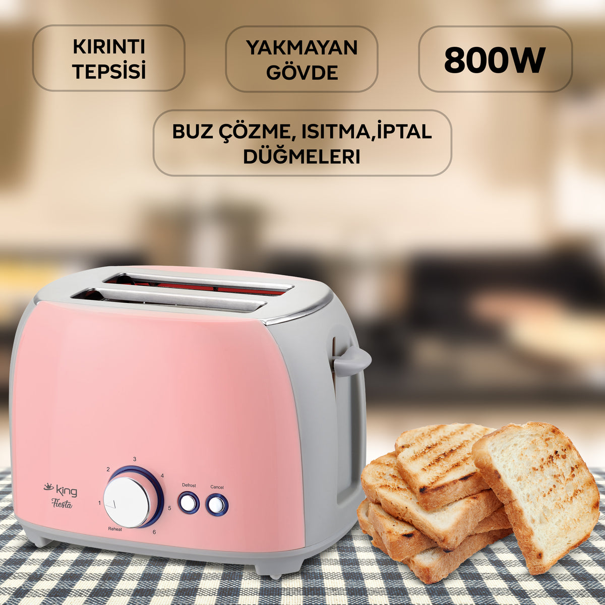 K2178 Fiesta Ekmek Kızartma Makinesi - Pembe - King Küçük Ev Aletleri