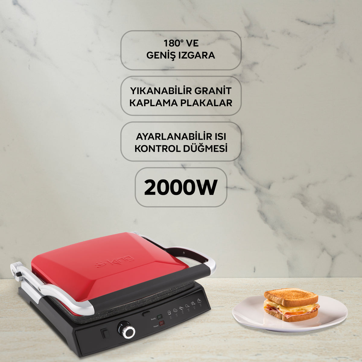 K462R GrillMaster Tost Makinesi - Kırmızı - King Küçük Ev Aletleri