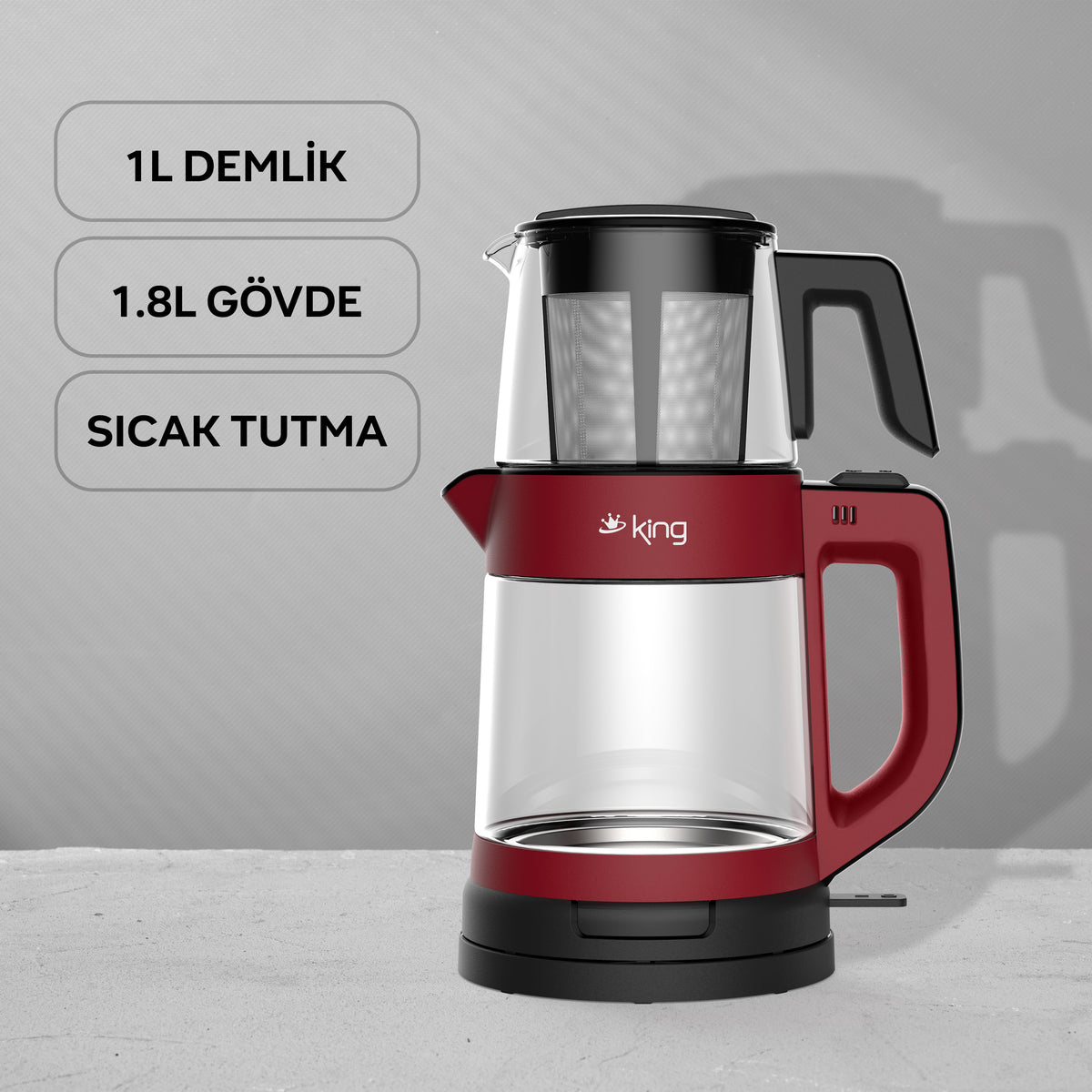 KCM330 TeaPro Cam Çay Makinesi - Kırmızı - King Küçük Ev Aletleri