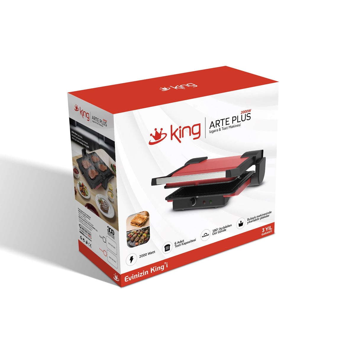 K469 Arte Plus Tost Makinesi-Kırmızı | 2000W Granit Plaka