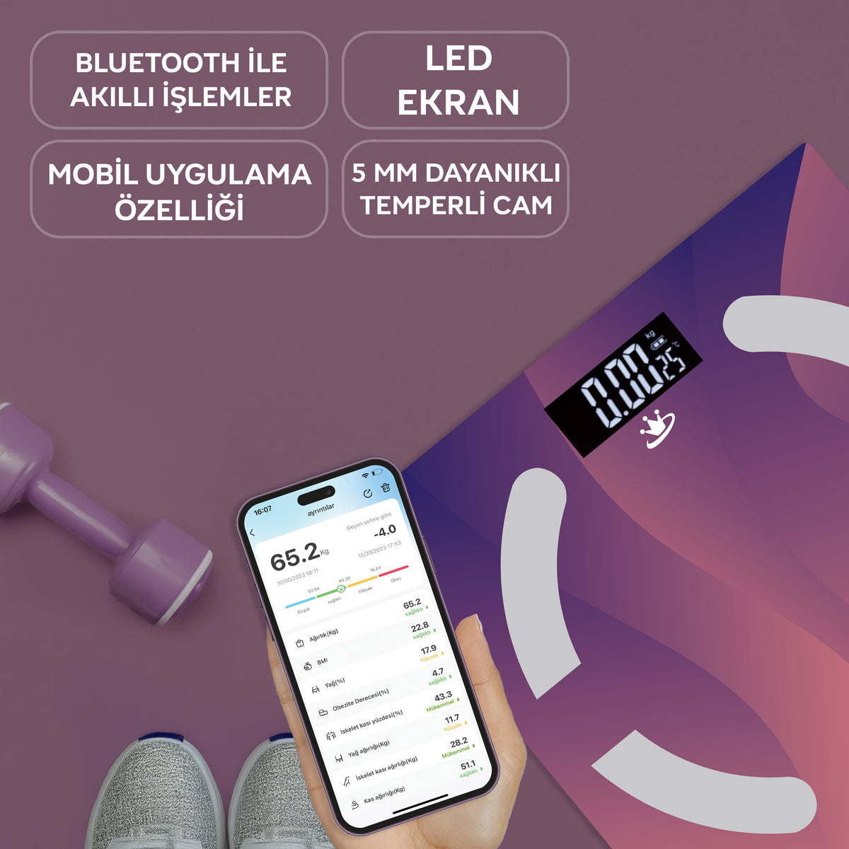 KBB847 Colorfit akıllı baskül kilo, yağ ve kas ölçüm özellikli
