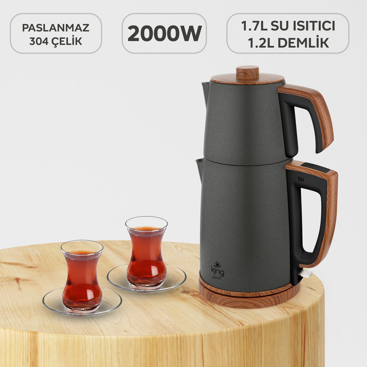 King K3102 Chaila çay makinesi çaycı seti, su ısıtıcı ve demlik yan görünüm