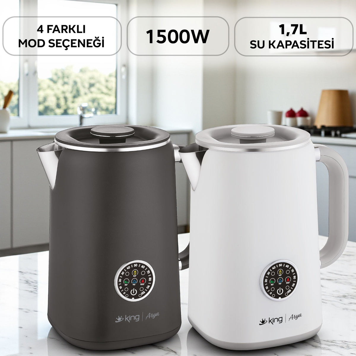 KSI386 Arya beyaz dijital su ısıtıcı ile çay, kahve ve bitki çayı hazırlama